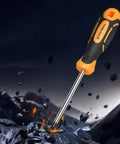 12 Piece Screwdriver Set With Magnetic Tips And Crv Steel Build, showcasing a Phillips screwdriver striking rock debris.