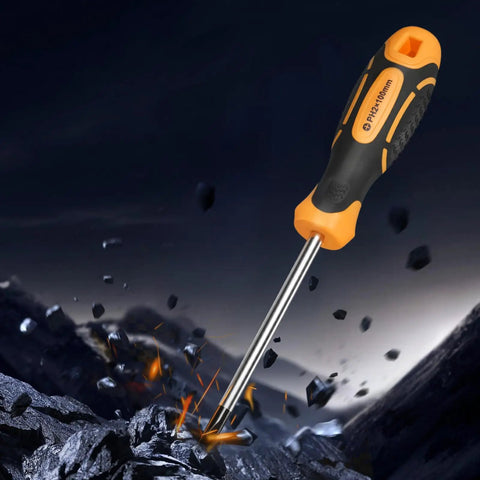 12 Piece Screwdriver Set With Magnetic Tips And Crv Steel Build, showcasing a Phillips screwdriver striking rock debris.