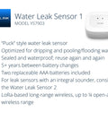 Smart Home Starter Kit With Hub And Two Water Leak Sensors LoRa Range Up To Quarter Mile Open Air Real Time Alerts Via SMS Text Email And Push Notifications Works With Alexa IFTTT And Home Assistant No Fuss Plug And Play Setup, white water leak sensor model YS7903 with features listed.