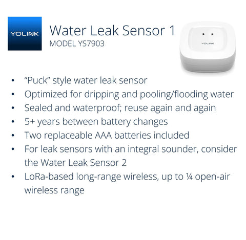 Smart Home Starter Kit With Hub And Two Water Leak Sensors LoRa Range Up To Quarter Mile Open Air Real Time Alerts Via SMS Text Email And Push Notifications Works With Alexa IFTTT And Home Assistant No Fuss Plug And Play Setup, white water leak sensor model YS7903 with features listed.
