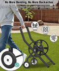 Man pulling a Built Tough Heavy Duty Garden Hose Reel Cart With Wheels for Outdoor Use, ergonomic black powder-coated steel frame.