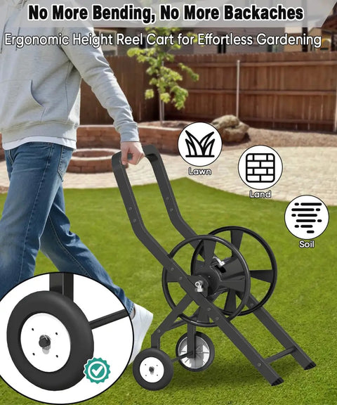 Man pulling a Built Tough Heavy Duty Garden Hose Reel Cart With Wheels for Outdoor Use, ergonomic black powder-coated steel frame.