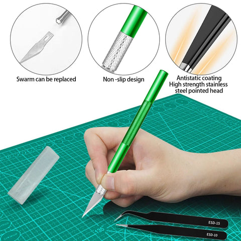 Miluosong 25-piece precision tool set with a green-handled craft knife and replaceable blade on a cutting mat