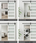 Top Shelf Frosted Glass Interior Barn Door With Six Foot Sliding Track Kit Scratch Resistant White Steel Frame in kitchen, bathroom, bedroom, and laundry.