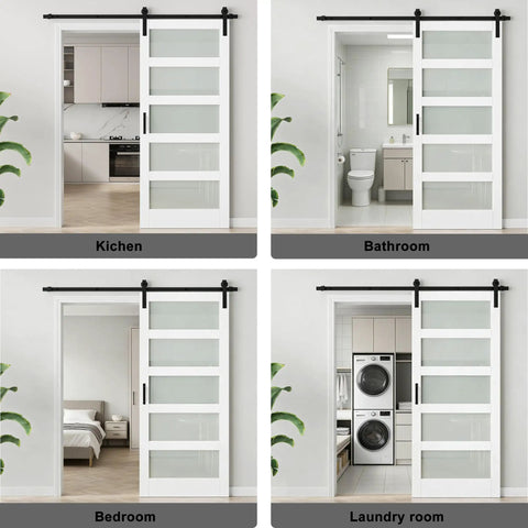 Top Shelf Frosted Glass Interior Barn Door With Six Foot Sliding Track Kit Scratch Resistant White Steel Frame in kitchen, bathroom, bedroom, and laundry.