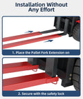 84 Inch Forklift Extensions With 5500 Pound Capacity Built Tough In Heavy Duty Steel Quick Attach Pallet Fork Extensions With Pin Safety Locks For Warehouse And Factory Use Red installed on forklift, side view.