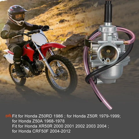 Carburetor Kit with air filter and petcock for CRF50F XR50R Z50R Z50A mini trail bikes, showing fuel lines and mountain background.