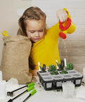Child watering plants in Clear 3 Inch Nursery Pots With Saucers, 30 Pack Thick Plastic Seedling Planter Pots, Square Shape Plant Pots.