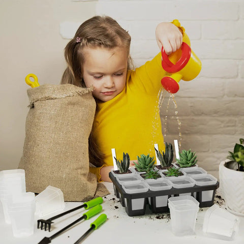 Child watering plants in Clear 3 Inch Nursery Pots With Saucers, 30 Pack Thick Plastic Seedling Planter Pots, Square Shape Plant Pots.