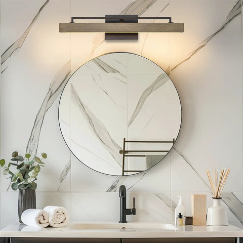 Modern Farmhouse Integrated LED Vanity Light Bar, 24W 3000K Warm White Glow, 25-Inch Hand-Painted Wood Grain Metal Linear Sconce