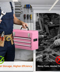 Heavy Duty Metal Tool Chest With Drawers Pink Powder Coated Finish Portable And Secure Garage And Home Storage Scratch Absorbing Liner Drawers Rugged Tool Organizer For Pros And Diyers On The Go held by worker in workshop