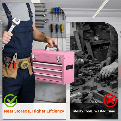 Heavy Duty Metal Tool Chest With Drawers Pink Powder Coated Finish Portable And Secure Garage And Home Storage Scratch Absorbing Liner Drawers Rugged Tool Organizer For Pros And Diyers On The Go held by worker in workshop