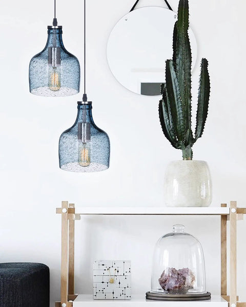 Blue Glass Pendant Lights For Kitchen Island In Modern Farmhouse Style Ceiling Hanging Fixtures above a shelf with cactus