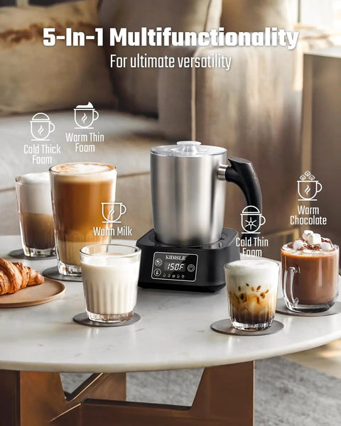 5 In 1 Milk Frother And Steamer With Adjustable Temperature 17 Oz Detachable Frother on table with various foamed drinks and pastries