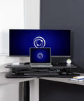 Extra Wide 38 Inch Corner Desk Converter With Height Adjustable Sit To Stand Riser for Dual Monitor and Laptop Setup in office.