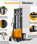 Heavy-Duty Semi-Electric Stacker Pallet Lift With 3300 Lbs Capacity And 118 Inch Reach Height, featuring ergonomic handle and built-in charger.