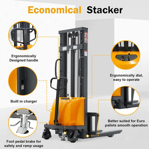 Heavy-Duty Semi-Electric Stacker Pallet Lift With 3300 Lbs Capacity And 118 Inch Reach Height, featuring ergonomic handle and built-in charger.