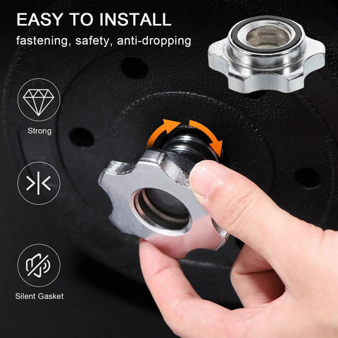 Hand securing 2 Pack Dumbbell Barbell Connector Rods With Quick Release Stainless Steel Locks for gym weightlifting.