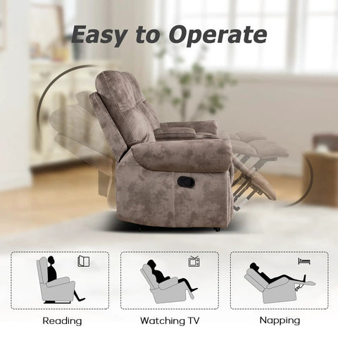 Dual Manual Recliner Loveseat Sofa With Center Console And Hidden Storage, Cup Holders, Vintage Rivet Mid Century Design, 2 Seater Couch For Living Room Or Meeting Space, Cozy Brown Finish shown reclining in stages