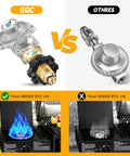 Comparison of two-stage propane regulator for RVs with gauge and competitor showing BTU flow rates for outdoor cooking efficiency