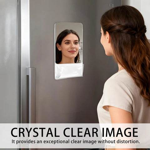 Two Pack Magnetic Locker Mirrors With Storage Pocket, Real Glass 9 Inch on fridge, woman checking reflection