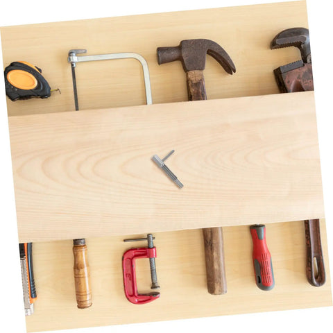 Works Like A Charm Heavy Duty Retractable Stainless Steel Indexing Plunger Pin With Quick Grip Handle Spring Loaded Safety Lock on wooden workbench with tools.