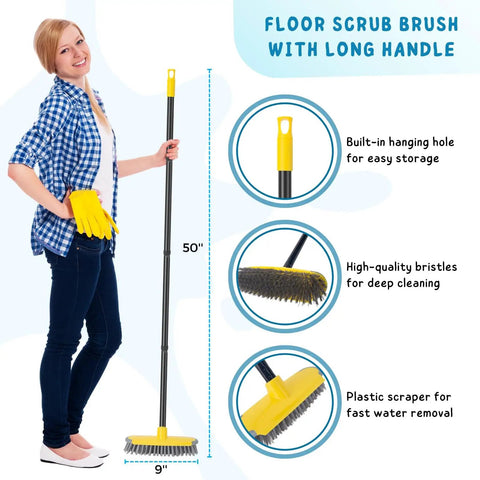 Long Handle Deck Brush With 50 Inch Reach For Shower And Outdoor Cleaning, Scrubber Broom For Patio Boat Garage Carpet And Concrete