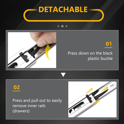 Workhorse 16 Inch Ball Bearing Drawer Slides Six Pairs shown detaching mechanism with black plastic buckle for easy drawer removal.