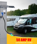 Heavy Duty 50 Amp Rv Ev Extension Cord Nema 14 50P To 14 50R 3Ft Power Cable connected to RV power pedestal in campsite.