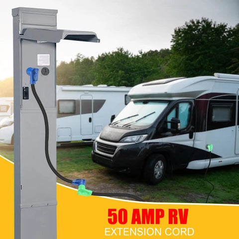 Heavy Duty 50 Amp Rv Ev Extension Cord Nema 14 50P To 14 50R 3Ft Power Cable connected to RV power pedestal in campsite.