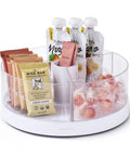 Smooth As Butter Three Bin Rotating Lazy Susan Turntable for Cabinet Organization with clear containers holding snacks and sauces.