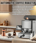 Electric Hot Air Coffee Roaster With Clear LCD Panel Auto Manual Modes, Compact 200G Bean Roasting Machine for home use on counter.