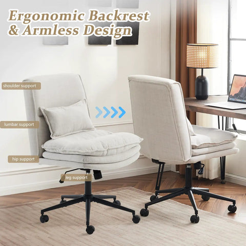 Cloud Criss Cross Legged Office Chair With Wheels 18 Inch High Back Armless Ergonomic Task Chair in beige fabric shown from front and back