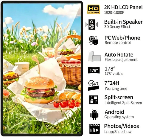 32 Inch Digital Signage Media Player With No Sweat Remote And Simple Split Screen Layout For Retail Displays Plug And Play showing burger picnic scene.
