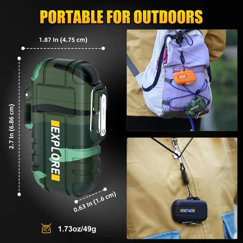 Two Pack Waterproof Outdoor Lighters, Windproof Torch includes camo lighters shown attached to backpack and jacket.