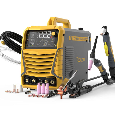 5 In 1 Portable Welding Machine With Cut HF TIG Pulse TIG Spot Weld And Stick, 50A Plasma Cutter, 200A TIG Welder, gray and yellow