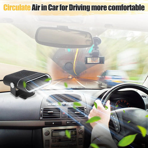 Portable 12V Car Heater Brings Road Trip Ready Warmth Straight To Your Dash For Quick Windshield Defrosting With Easy Plug And Play Cigarette Lighter Setup For Any Winter Drive in car cabin with air circulation.