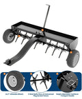 Heavy Duty 48 Inch Tow Behind Plug Lawn Aerator With Universal Hitch Deep Soil Penetration Steel Tines Tray And Inflatable Wheels For Lawns Gardens And Farms Unbreakable Steel Chassis Black showing steel tines and inflatable wheels.
