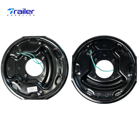 Two black 10x2-1/4 self-adjusting electric brake assemblies for 3,500 lb axles, four-bolt mount, teal wires