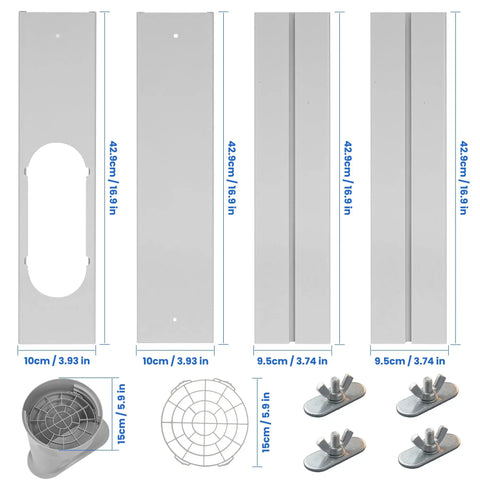 Portable Air Conditioner Window Vent Kit With 5.9 Inch Exhaust Hose, 59 Inch Length, Adjustable Seal components displayed.