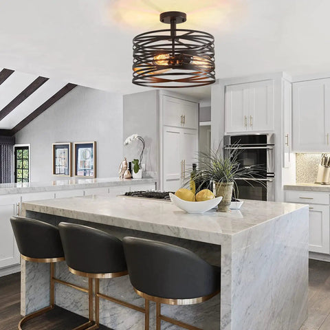 Industrial Semi Flush Mount Ceiling Light With 3 Light Vintage Chandelier In Black Rustic Metal Fixture in modern kitchen