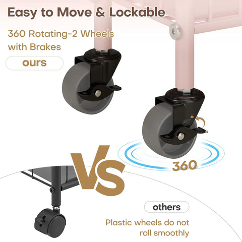 Close-up of 360 rotating wheels with brakes on Premium Six Tier Rolling Storage Cart With Swivel Wheels, Sturdy Metal Mobile Shelving Rack.