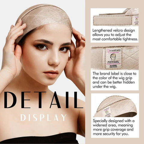 Model wearing wide wig grip band for lace front wigs, velvet non slip holder with adjustable hook and loop fastener in nude