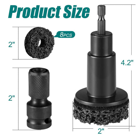 All In One Wheel Hub Cleaning Kit With Resurfacing Pads And Stud Cleaner showing 2" pad, 4.2" tool, and adapter size
