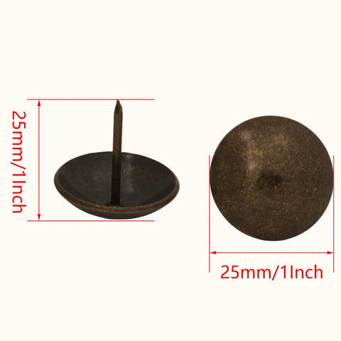 Heavy Duty Antique Brass Upholstery Tacks For Diy Furniture Repair Leather Crafting Auto Interiors Includes Thirty Solid Metal Clavos With Round Heads That Grip Tight Without Splitting Wood For A Sick Makeover Fix, showing 25mm round tacks with sharp tips.