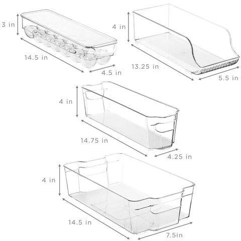 Ultimate Six Piece Fridge Organizer And Pantry Storage Bin Set Featuring Wide Narrow Containers Clear Can Caddy for Twelve Drinks plus Egg Holder dimensions and layout.