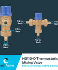 Half Inch HG110 Crimp Thermostatic Mixing Valve With Barb Connections And Integral Checks Brass Plumbing Fitting product image