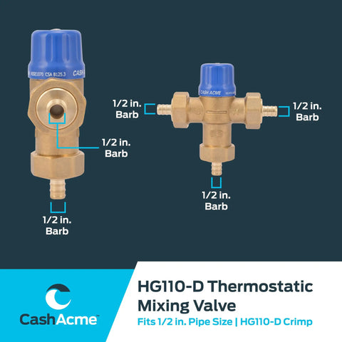Half Inch HG110 Crimp Thermostatic Mixing Valve With Barb Connections And Integral Checks Brass Plumbing Fitting product image