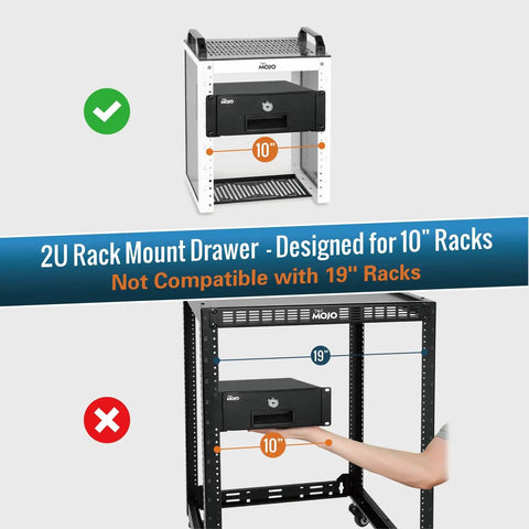 2U Rack Mount Drawer For Server Cabinet with Smooth Locking Slide, shown in 10-inch rack for secure storage.