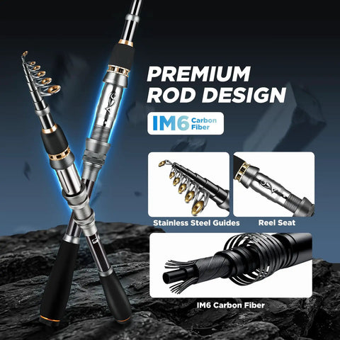 Telescopic Fishing Rod And Reel Combo With Tackle Box And Collapsible Rod And Lures Box, IM6 carbon fiber rod design
